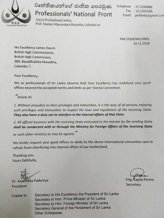 PNF tells James Dauris to stay out of internal affairs of SL