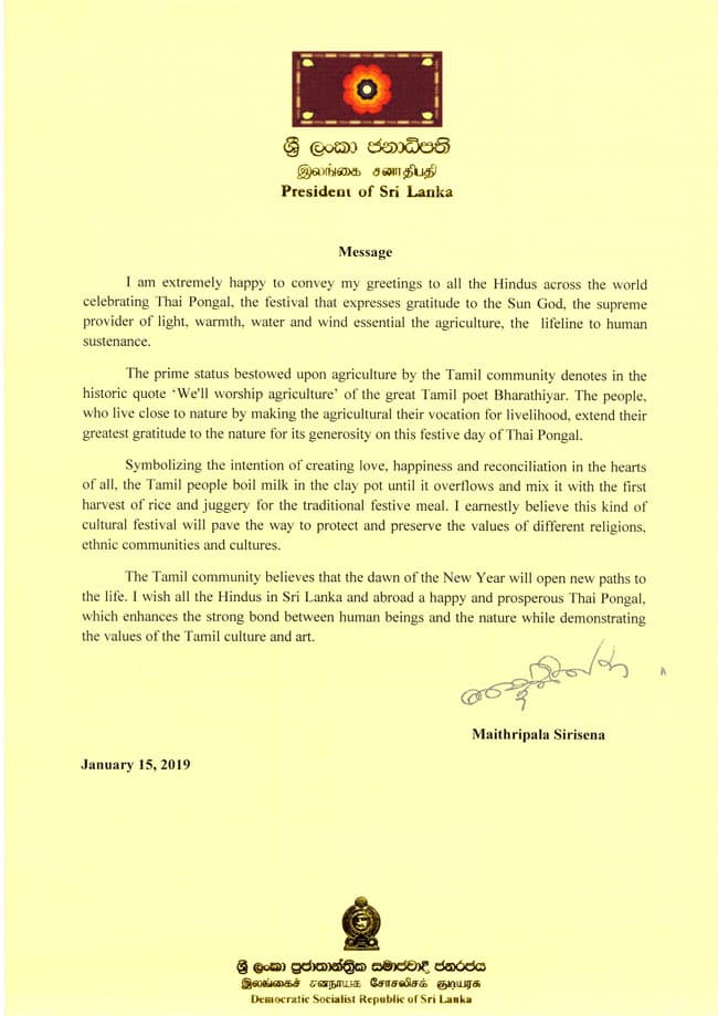 Thai Pongal enhances the bond between human and nature – President