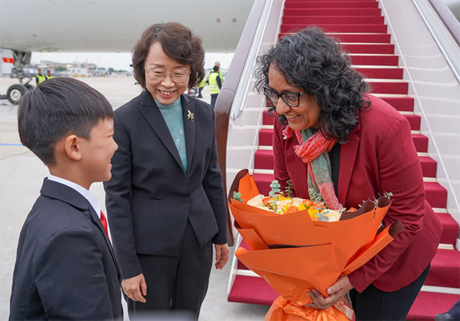 PM Harini lands in Beijing ahead of Global Leaders’ Meeting on Women