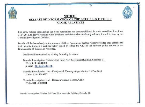 Sri Lanka to release information on war detainees