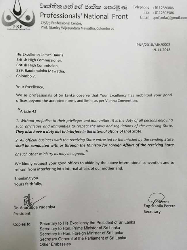 PNF tells James Dauris to stay out of internal affairs of SL