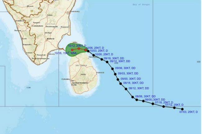 Depression over Bay of Bengal likely to cross Mullaitivu Coast; heavy rain and winds expected