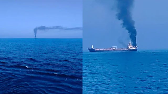 Third ship with Indian sailors on fire near Oman