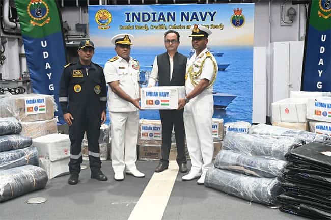 India navy ships hand over relief material in Colombo